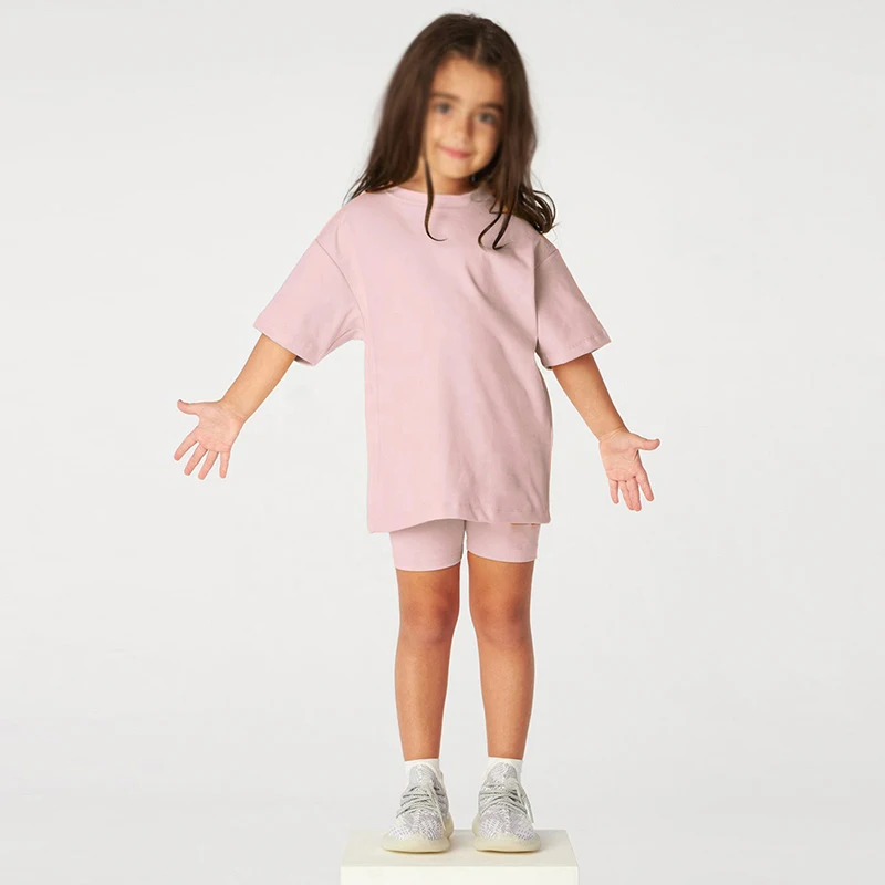 Cotton tee and lycra shorts set for girls, beige
